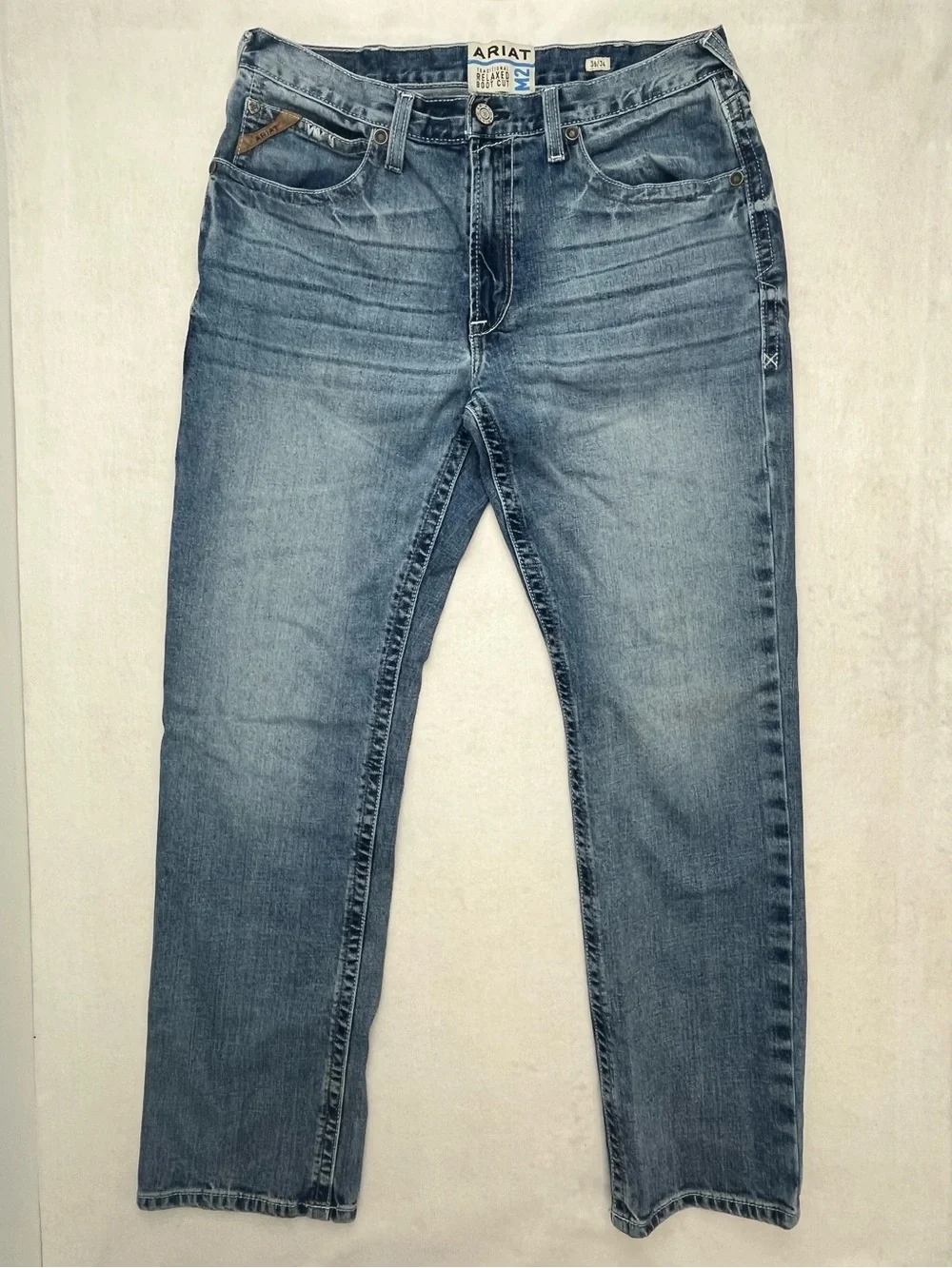 Ariat M2 Mens Traditional Relaxed Boot Cut Medium Wash Distressed Jeans 36x34